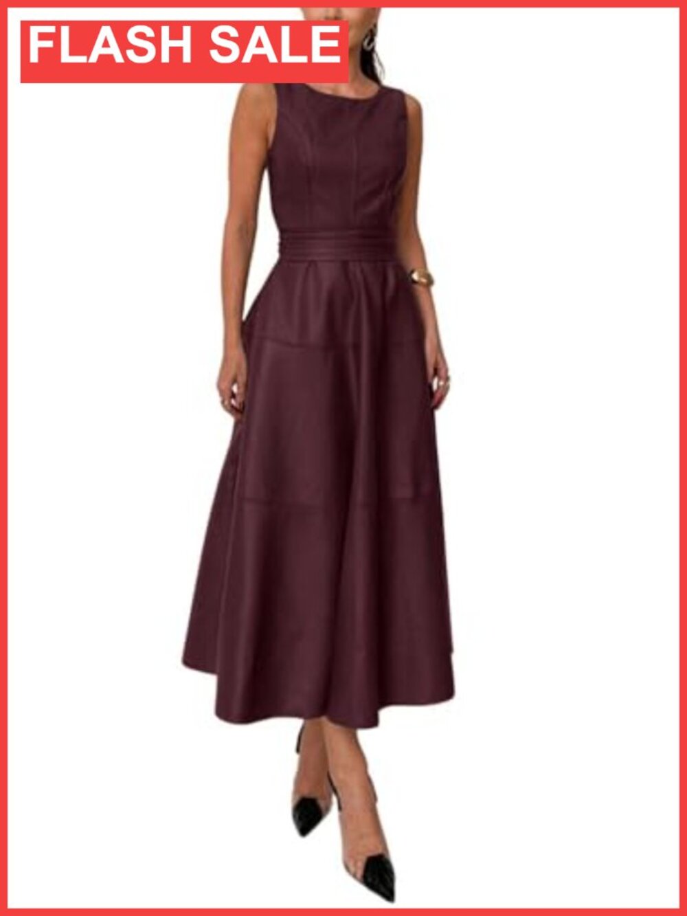 CHARTOU Faux Leather Sleeveless Belted Flowy Long Party Dress